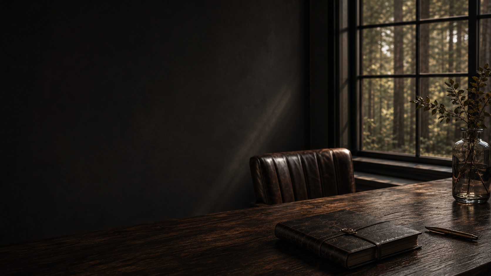 A leather journal and brass pen resting on a dark walnut desk beside a tall window, with a misty pine forest at first light.