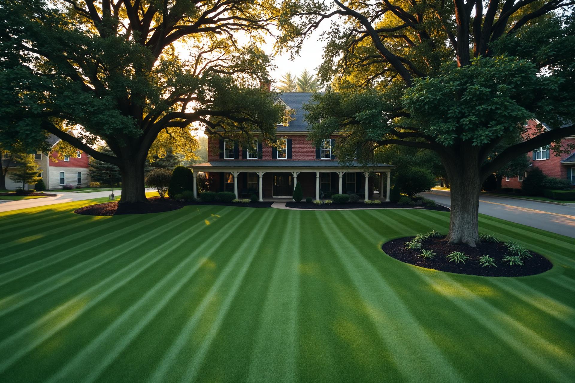 Freshly manicured residential lawn with crisp mowing stripes in Northeast Ohio